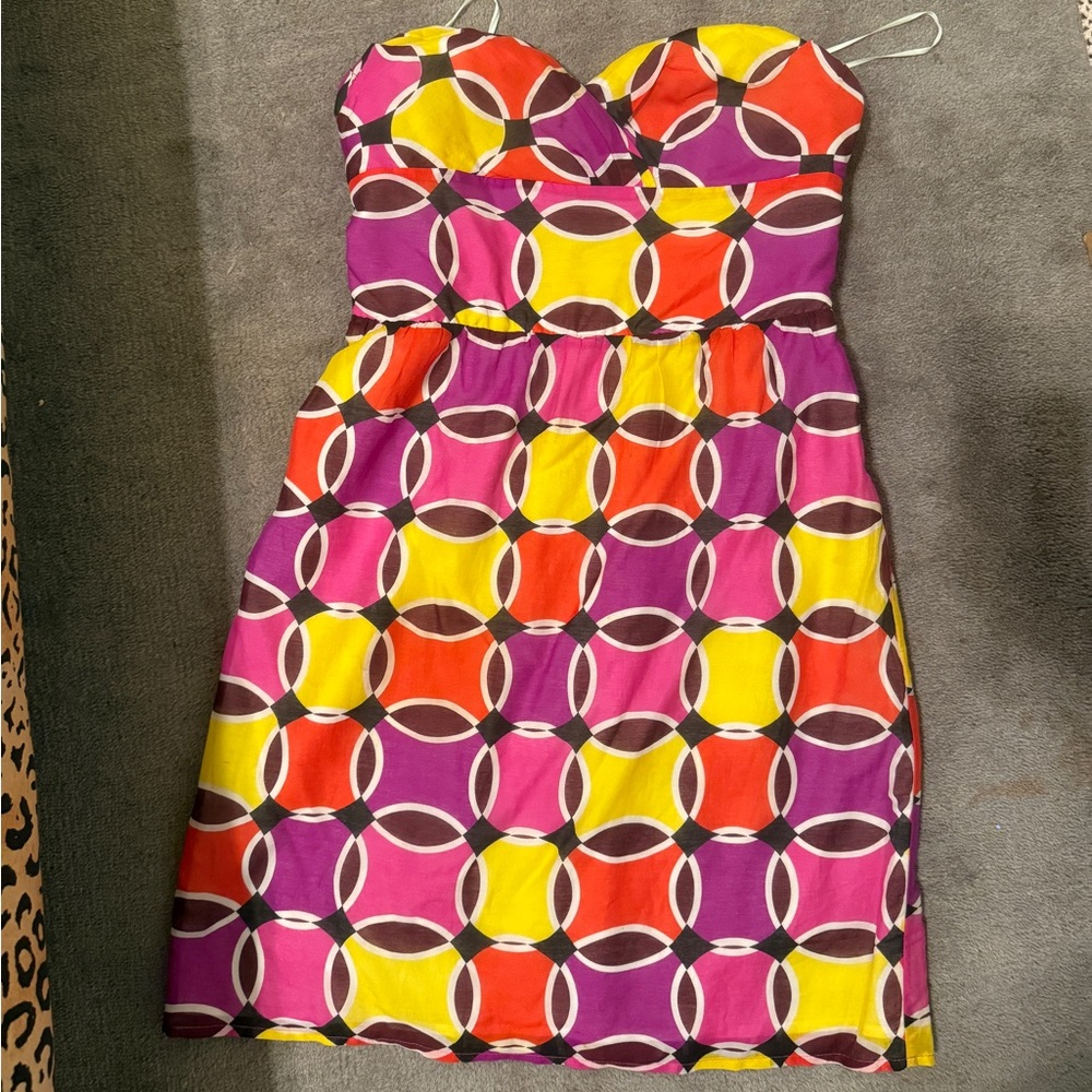 Retro 80s Colorful Strapless Knee Length Dress Ruched Back Women’s L